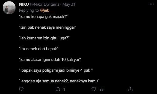 Viral Chat Izin Tak Masuk Kerja ke Bos Dibalas Mengejutkan. (Twitter/@Niko_Dwitama)