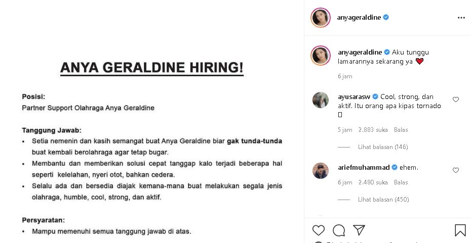 Anya Geraldine buka lowongan. (Instagram/@anyageraldine)