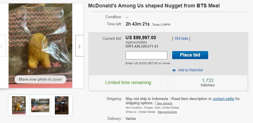 Gokil! Nugget McDonalds BTS 'Among Us' Kini Dilelang Tembus Rp1 Miliar. (Ebay)