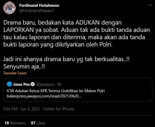 Cuitan Ferdinand Hutahaean Sindir Pelaporan ICW. (Twitter/@FerdinandHaean3)