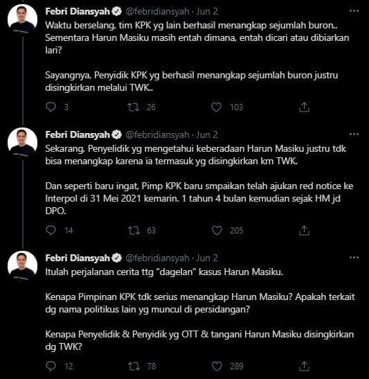 Eks Jubir KPK Bongkar 'Dagelan' Harun Masiku. (Twitter/@febridiansyah)