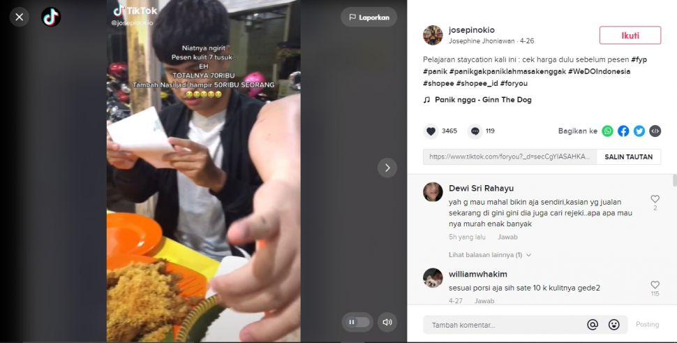 Makan di warung tak lihat menu, syok pas bayar harga 7 tusuk sate kulit viral (TikTok).