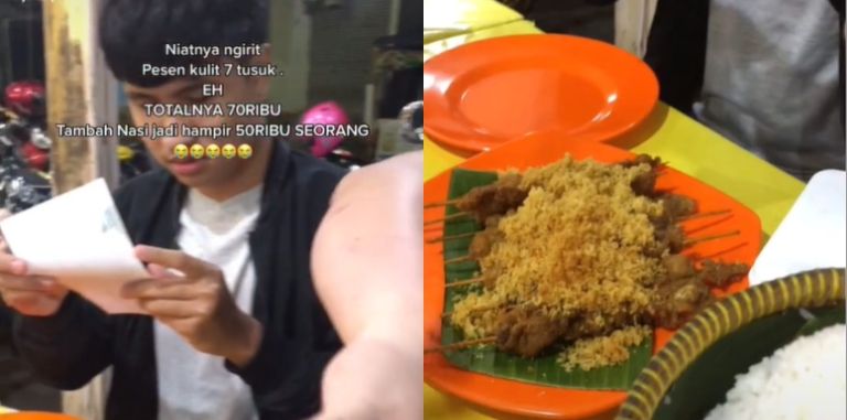 Makan di warung tak lihat menu, syok pas bayar harga 7 tusuk sate kulit viral (TikTok).