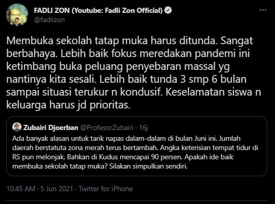 Fadli Zon menanggapi soal wacana sekolah tatap muka dibuka. (Twitter/FadliZon)