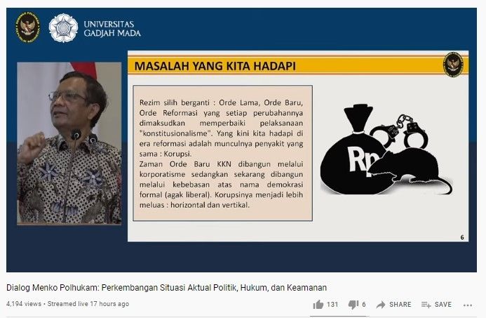 Mahfud MD sebut korupsi sekarang lebih gila dari Orde Baru (Youtube/UGM)