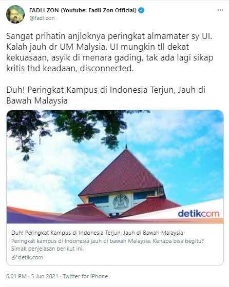 Fadli Zon soroti peringkat kampus RI anjlok (Twitter/fadlizon)