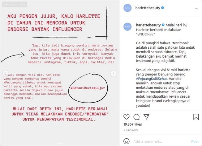 Merek skincare lokal tuai kontroversi karena kampanye berani review jujur dengan stop endorse influncer. (Instagram/@harlettebeauty)