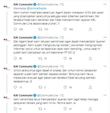 Admin Commuterline ngegas tanggapi aduan pelecehan seksual di KRL (Twitter)