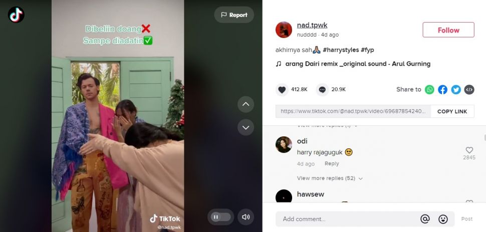 Viral Wanita Dapat Hadiah Patung Harry Styles. (TikTok/@nad.tpwk)