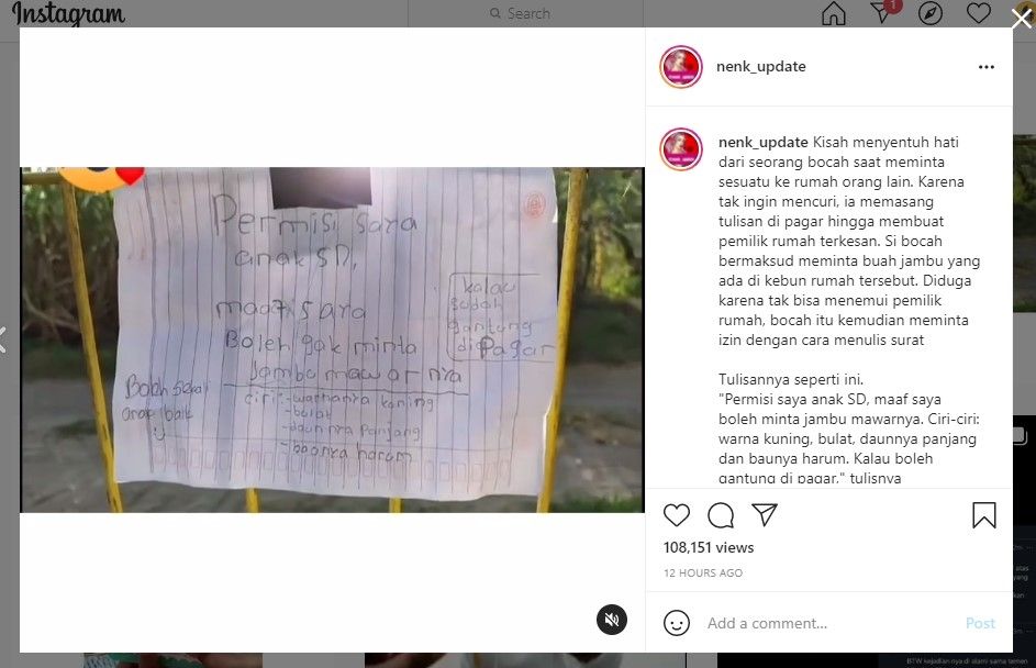 Bocah SD tulis surat minta jambu mawar (IG/nenk_update)