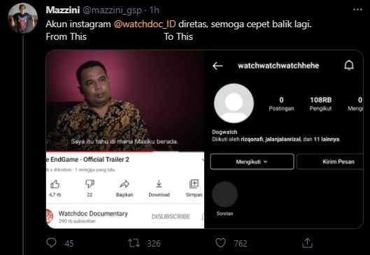  Akun Instagram Watchdog Documentary Dibajak. (Twitter/@watchdoc_ID)