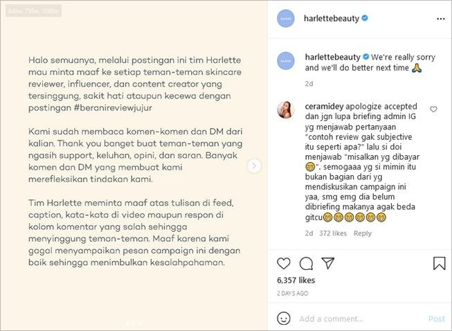 Permintaan maaf merek skincare lokal usai kampanye miliknya menuai kontroversi. (Instagram/@harlettebeauty)