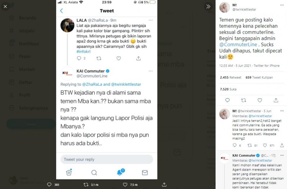 Admin Commuterline ngegas tanggapi aduan pelecehan seksual di KRL (Twitter)