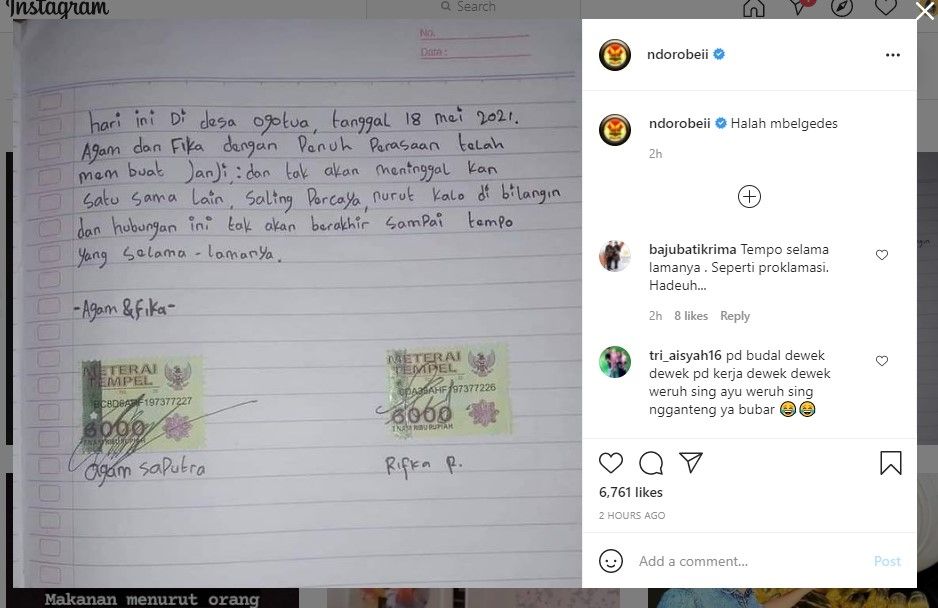 Surat janjian pacaran pakai materai (IG/ndorobeii)