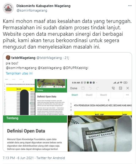 Pemkab Magelang minta maaf bocorkan data pribadi penduduknya (Twitter/kominfopemkabmagelang)