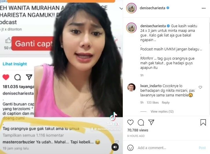 Kronologi Denise Chariesta ngamuk ke Deddy Corbuzier gegara judul podcast. (Instagram/denisechariesta)