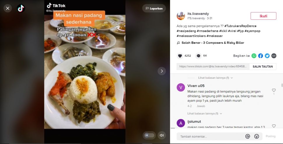 Makan di rumah makan Padang, wanita ini syok harga dua kali lipat dari perkiraan (TikTok).