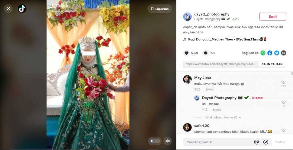 Viral pengantin wanita melas saat pernikahan, hasil riasan MUA disorot (TikTok).