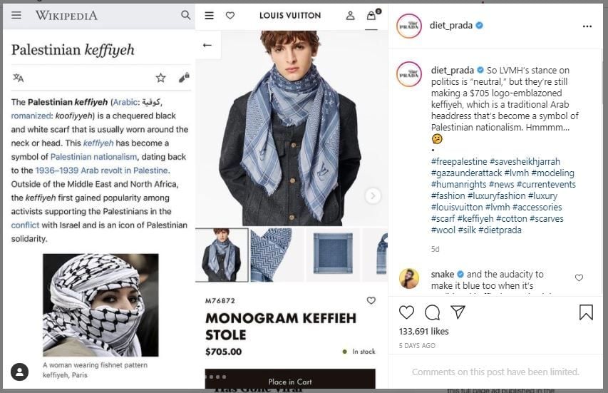 Louis Vuitton Dikritik, Rilis Syal Terinspirasi Keffiyeh Palestina (instagram.com/diet_prada)