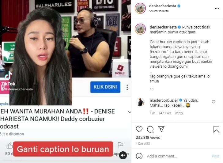 Kronologi Denise Chariesta ngamuk ke Deddy Corbuzier gegara judul podcast. (Instagram/denisechariesta)