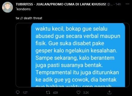 Viral Curhat Pilu Sender Trauma Ketemu Cowok. (Twitter/@tubirfess)