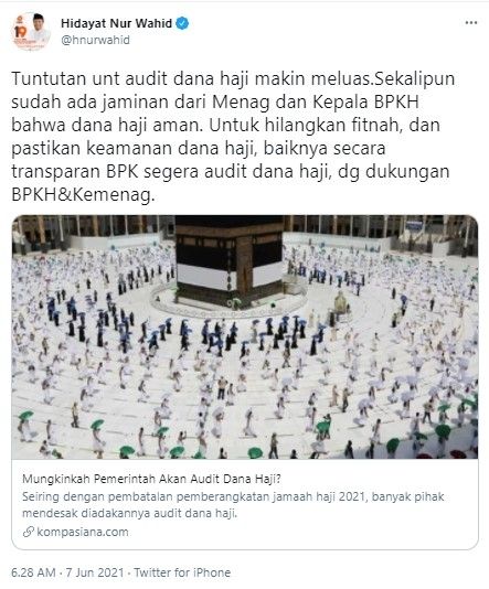 HNW minta dana haji diaudit (Twitter/hnurwahid)