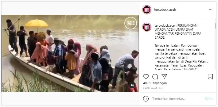 Mempelai wanita diarak pakai perahu, ditarik pakai tali viral (Instagram/tercyduck.aceh).