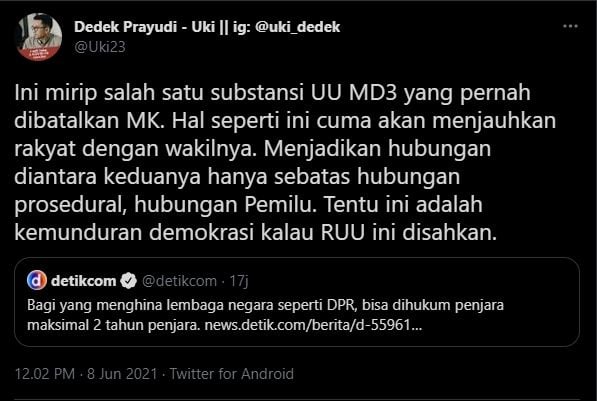 Cuitan Dedek Uki soal RUU KUHP (Twitter).