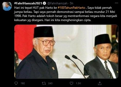 Fahri Hamzah Peringati 100 Tahun Soeharto. (Twitter/@Fahrihamzah)