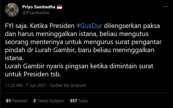 Kisah Gus Dur Nyaris Buat Lurah Gambir Pingsan Sebelum Meninggalkan