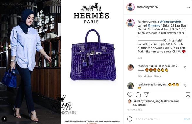 Harga tas Hermes yang dipakai Syahrini saat dinner bareng chef dari Jepang. (Instagram/@fashionsyahrini2)
