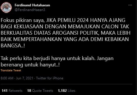 Cuitan Ferdinand Hutahaean Soal Presiden 3 Periode. (Twitter/@FerdinandHaean3)
