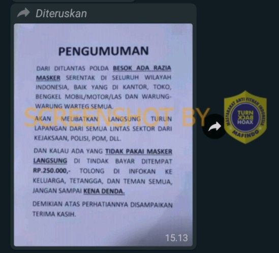 CEK FAKTA Viral Info Razia Masker Serentak di Seluruh Indonesia. (Turnbackhoax.id)