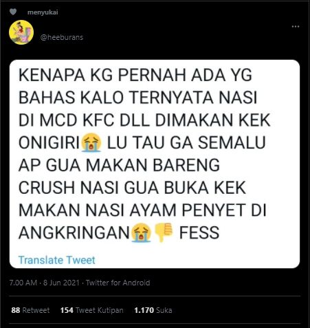 Berujung Ditegur Publik, Viral Warganet Curhat Malu Makan Nasi di Restoran Pakai Cara Ini. (Twitter/@heeburans)