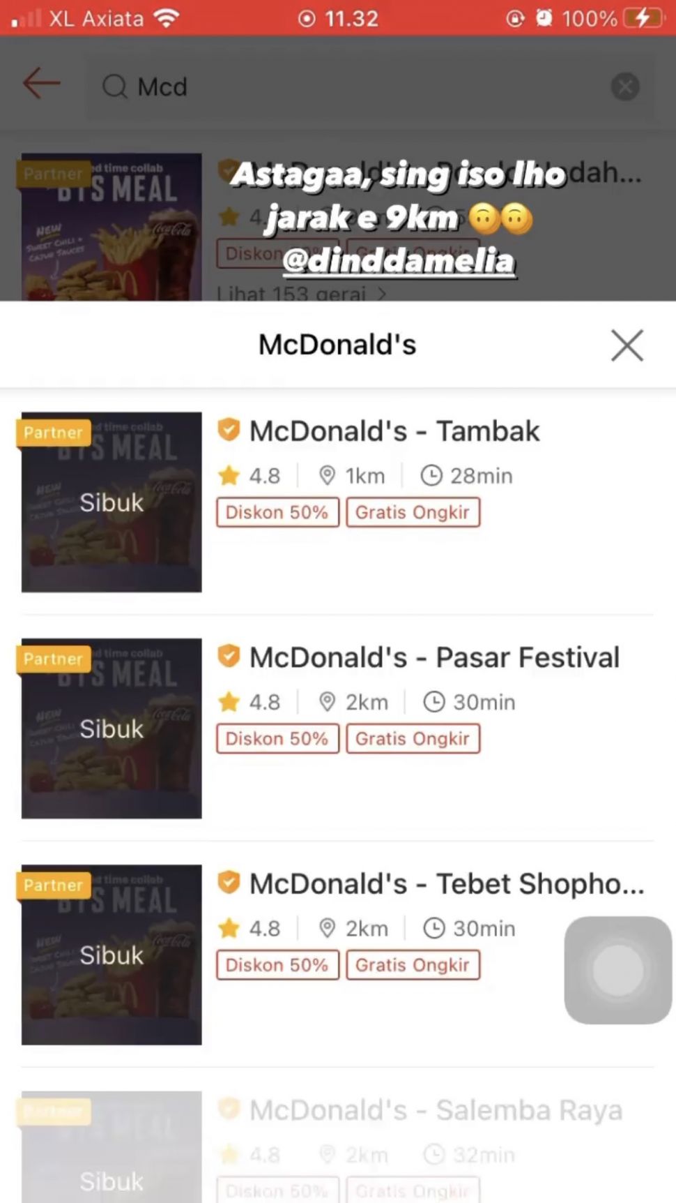 Gerai McDonald's di aplikasi ojol ditutup sementara (Instagram @ajengtiaras)