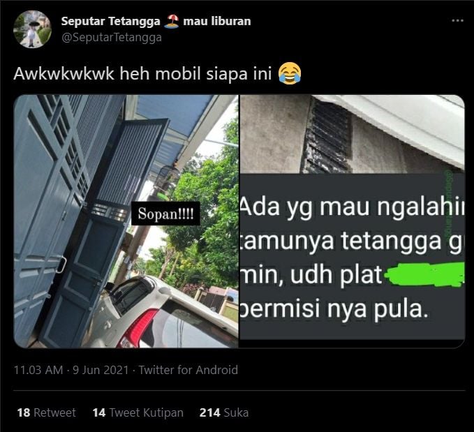 Tamu tetangga parkir mobil halangi pagar, pemilik rumah auto geram (Twitter/seputartetangga).