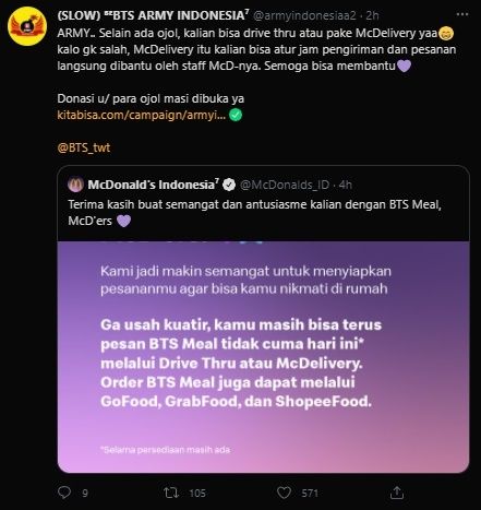 Donasi Army Indonesia Untuk Ojol BTS Meal Tembus Rp60 Juta. (kitabisa.com/campaign/armyindoberbagi)