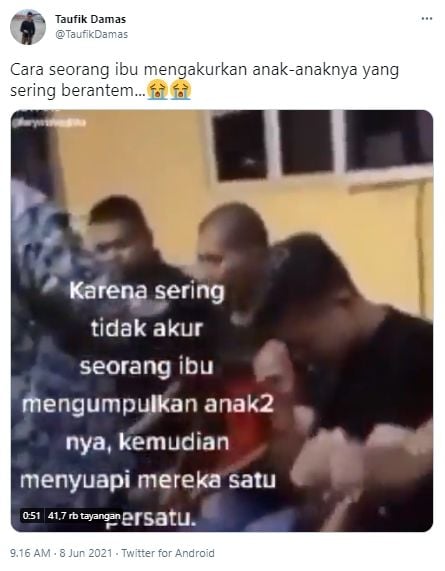 Ibu suapi anak-anaknya yang sudah dewasa dan sering berantem (Twitter)