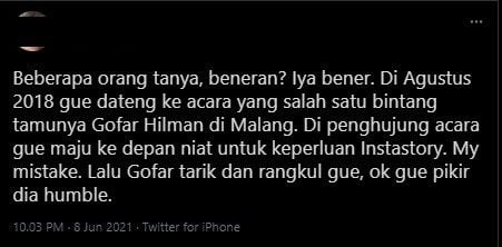 Cuitan gadis yang diduga sebagai korban Gofar Hilman (Twitter)