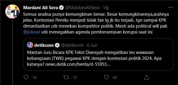 Mardani Ali Sera ingatkan Jokowi soal KPK (Twitter).