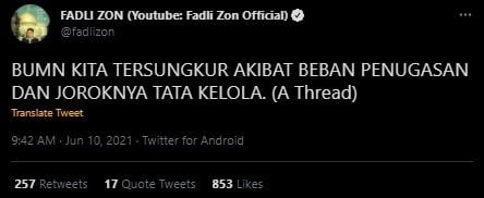 Fadli Zon Kritik BUMN. (Twitter/@fadlizon)