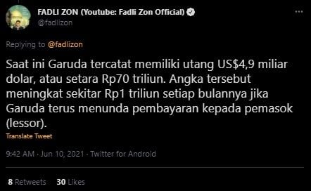 Fadli Zon Kritik BUMN. (Twitter/@fadlizon)