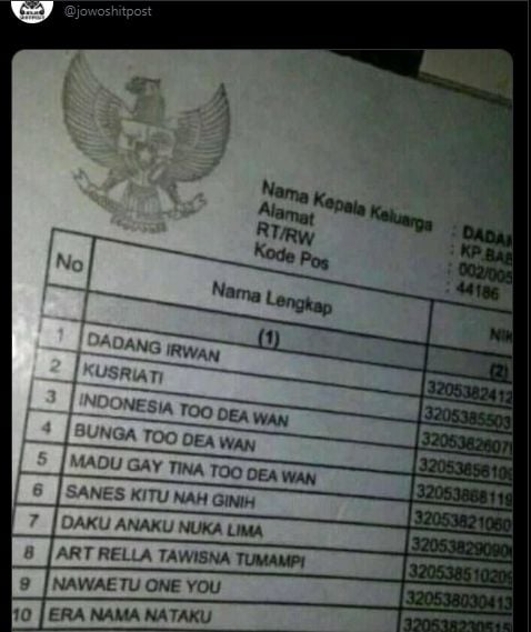 Rangkaian nama unik di Kartu Keluarga. (Twitter/@jowoshitpost)