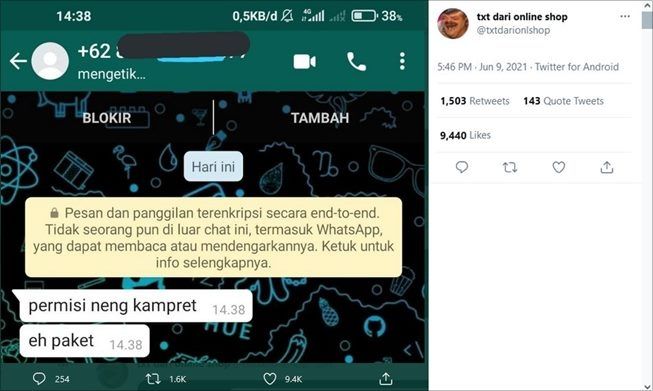 Salah Ketik saat Kabari Ada Paket, Chat Kurir Ini Bikin Bete Sekaligus Ngakak. (Twitter/@txtdarionlshop)