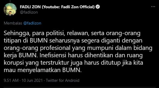 Cuitan Fadli Zon. (Twitter/fadlizon)