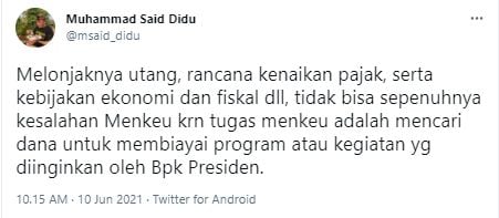 Said Didu sebut kenaikan pajak bukan sepenuhnya salah Menkeu (Twitter/msaid_didu)