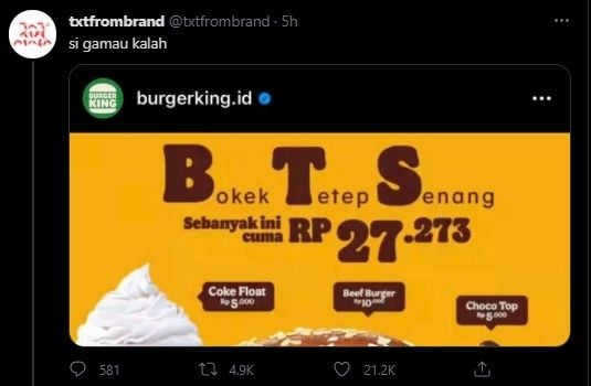 Burger King Luncurkan Paket BTS 'Bokek Tetep Senang'. (Twitter/@txtfrimbrand)