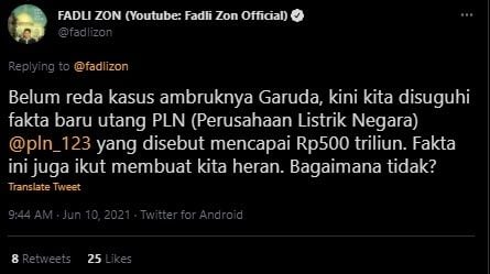 Fadli Zon Kritik BUMN. (Twitter/@fadlizon)