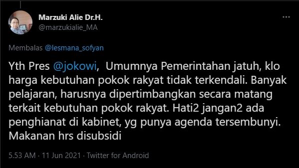 Marzuki Alie soal sembako akan kena PPN (Twitter).