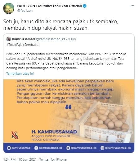 Fadli Zon tolak rencana pajak sembako (Twitter/fadlizon)